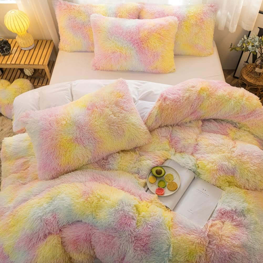 5 PCS Plush Shaggy Duvet Cover Sets, Luxury Shag Fluffy Comforter Cover Fuzzy Bedding Set - Long Faux Fur Flannel Ultra Soft Cozy (Ice Cream, Full/Queen)