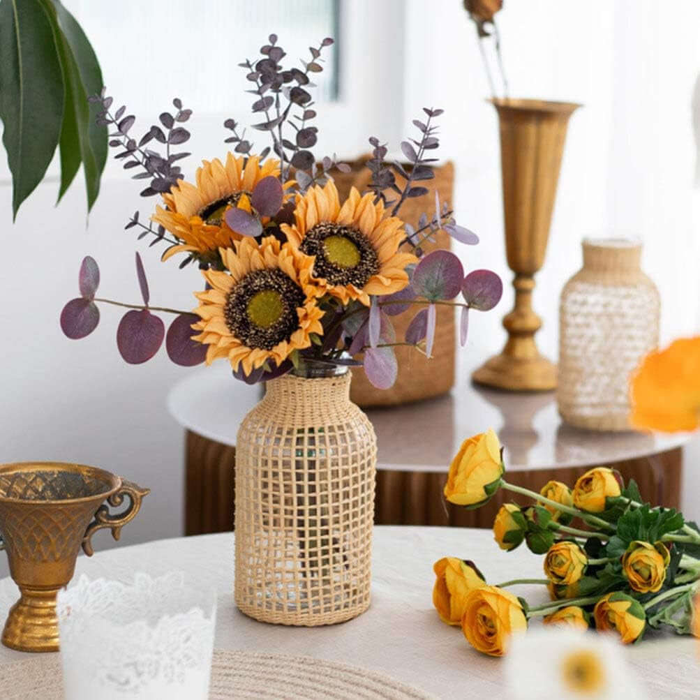 Boho Glass Flower Vase with Rattan Cover, Farmhouse Flower Bud Vase, round Decorative Flower Vase Floral Container Flower Bottle for Floral Arrangements Housewarming Party Home Decor（S）