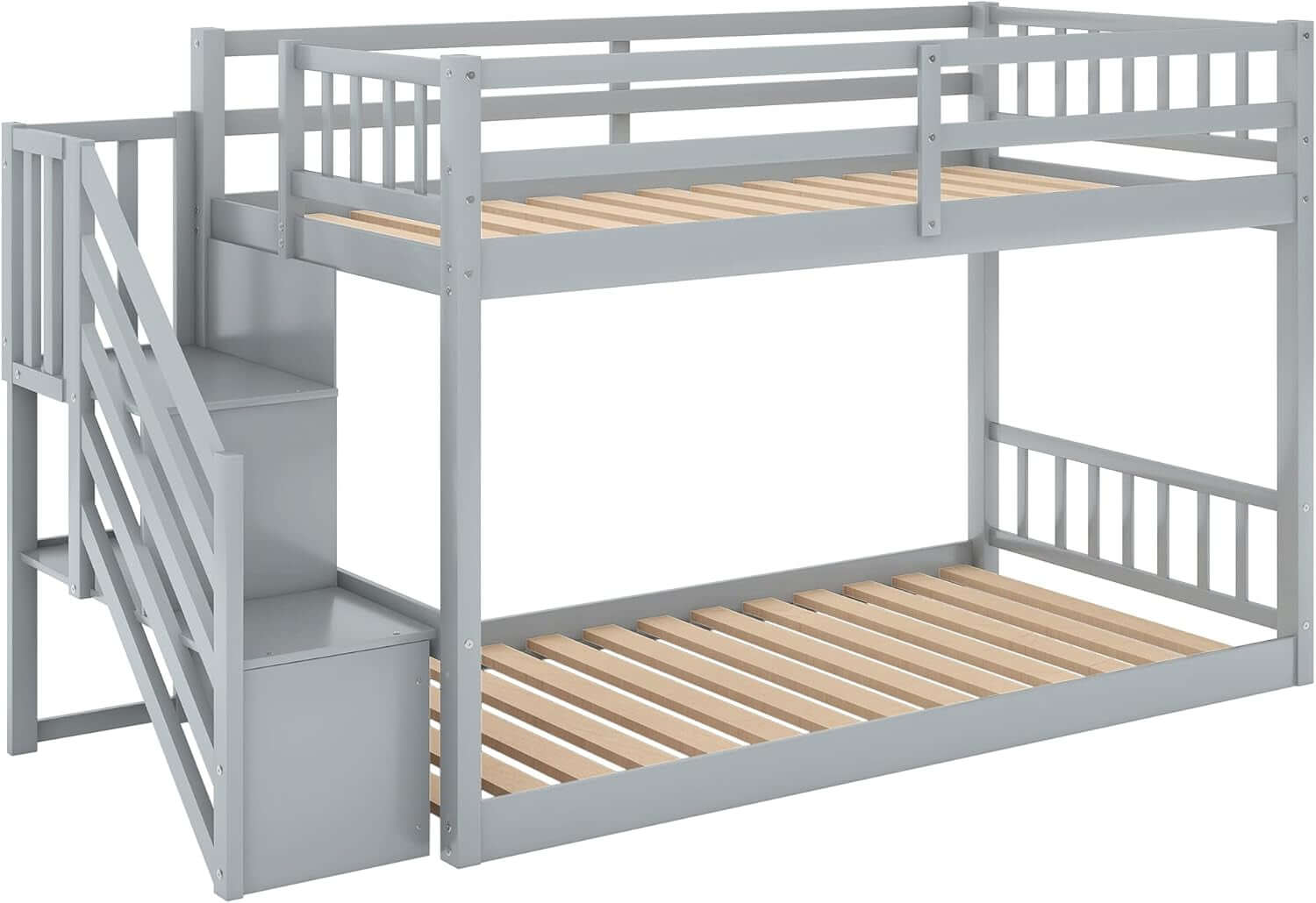 Low Bunk Beds Twin over Twin Size, Solid Wood Bunk Bed with Storage and Guardrail for Kids and Toddler