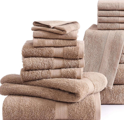 16 Piece Bath Towels - 100% Cotton Towels for Bathroom, Premium Quality, Highly Absorbent Bathroom Towel Set, Super Soft, 4 Bath Towels, 4 Hand Towels, 8 Wash Cloths - Taupe