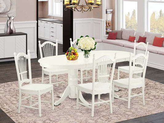 Vancouver 7 Piece Modern Set Consist of an Oval Wooden Table with Butterfly Leaf and 6 Dining Room Chairs, 40X76 Inch, Linen White