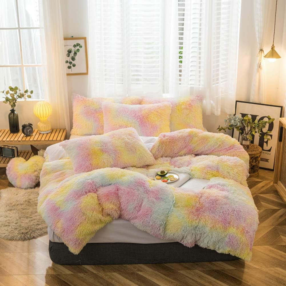 5 PCS Plush Shaggy Duvet Cover Sets, Luxury Shag Fluffy Comforter Cover Fuzzy Bedding Set - Long Faux Fur Flannel Ultra Soft Cozy (Ice Cream, Full/Queen)