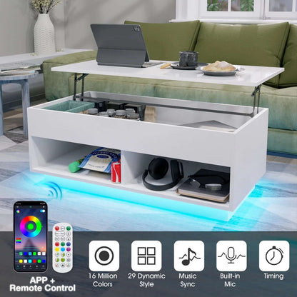 Lift Top Coffee Table with Hidden Compartment High Gloss White Coffee Tables LED Center Rising Cocktail Table for Living Room Accent Furniture