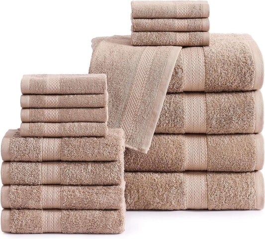 16 Piece Bath Towels - 100% Cotton Towels for Bathroom, Premium Quality, Highly Absorbent Bathroom Towel Set, Super Soft, 4 Bath Towels, 4 Hand Towels, 8 Wash Cloths - Taupe