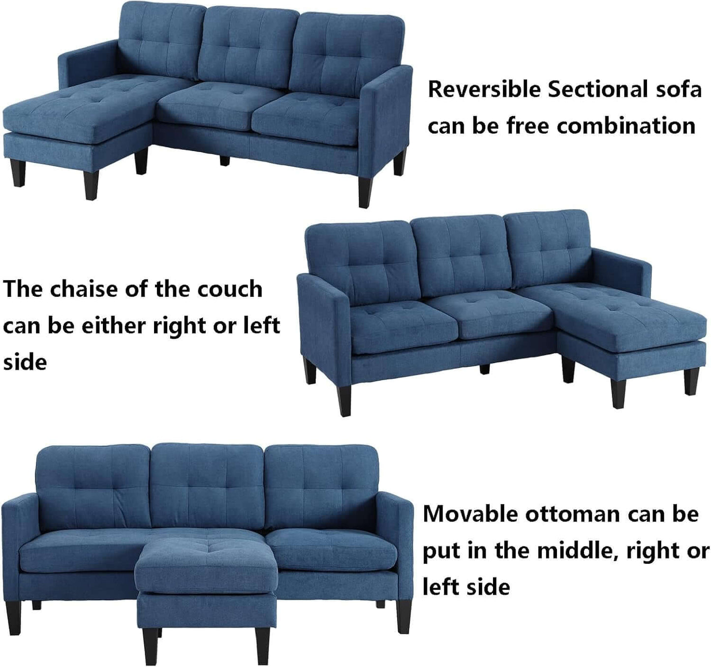 Convertible Sectional Sofa Couches for Living Room, L-Shaped Couch Modern Sofa Set with 3-Seat Couch and Reversible Chaise for Apartment and Small Space (Blue)