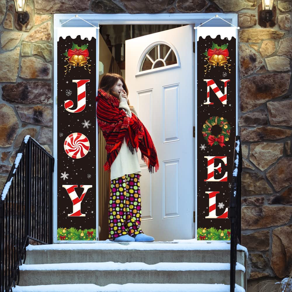 Christmas Porch Banner，Merry Christmas Banner，Porch Christmas Decorations， Christmas Porch Sign - Joy Noel Christmas Decorations Indoor outside - 70”X12”, BLACK