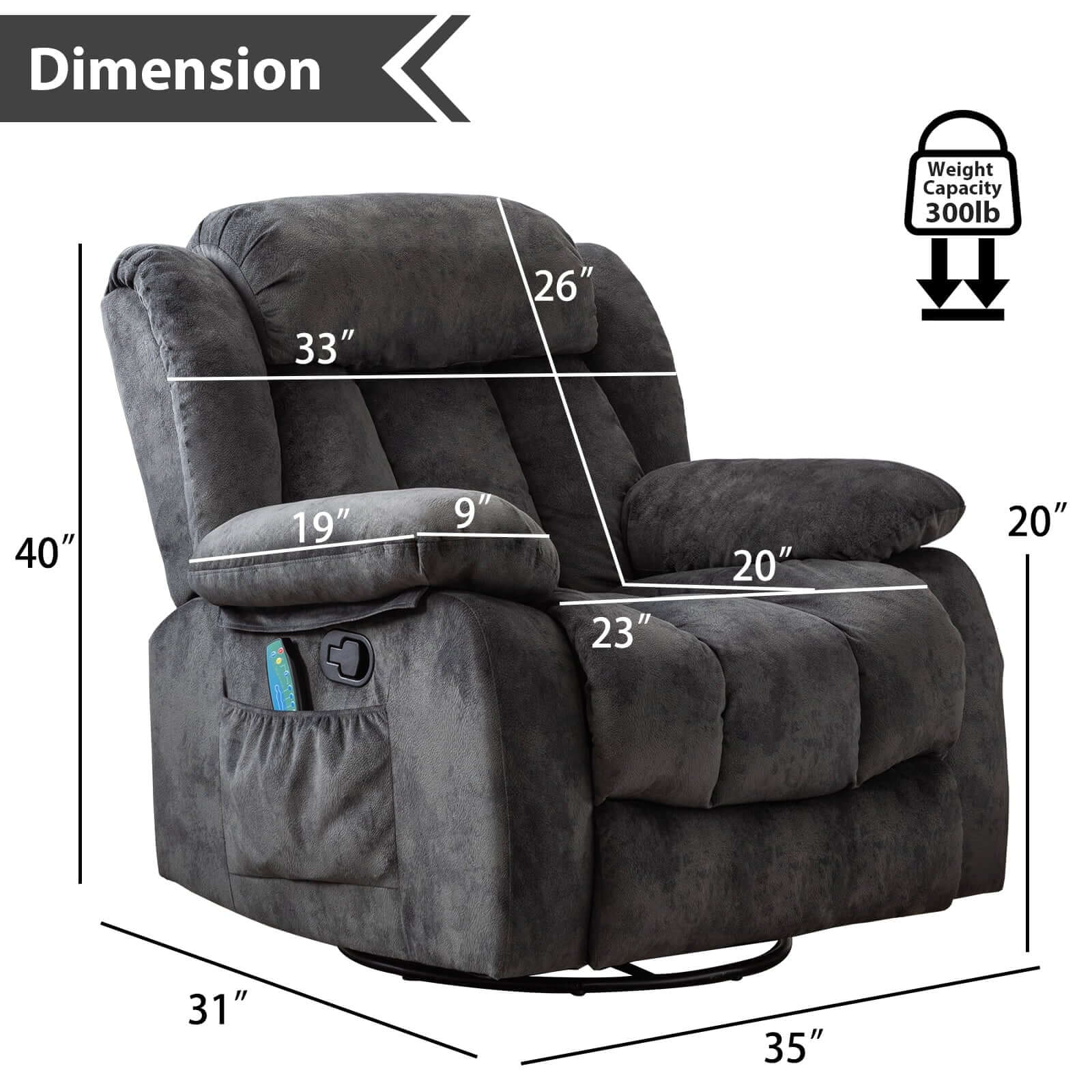 Pull Rocker Recliner with Massage and Heat, Reclining Chairs for Adult,Antiskid Fabric，Grey