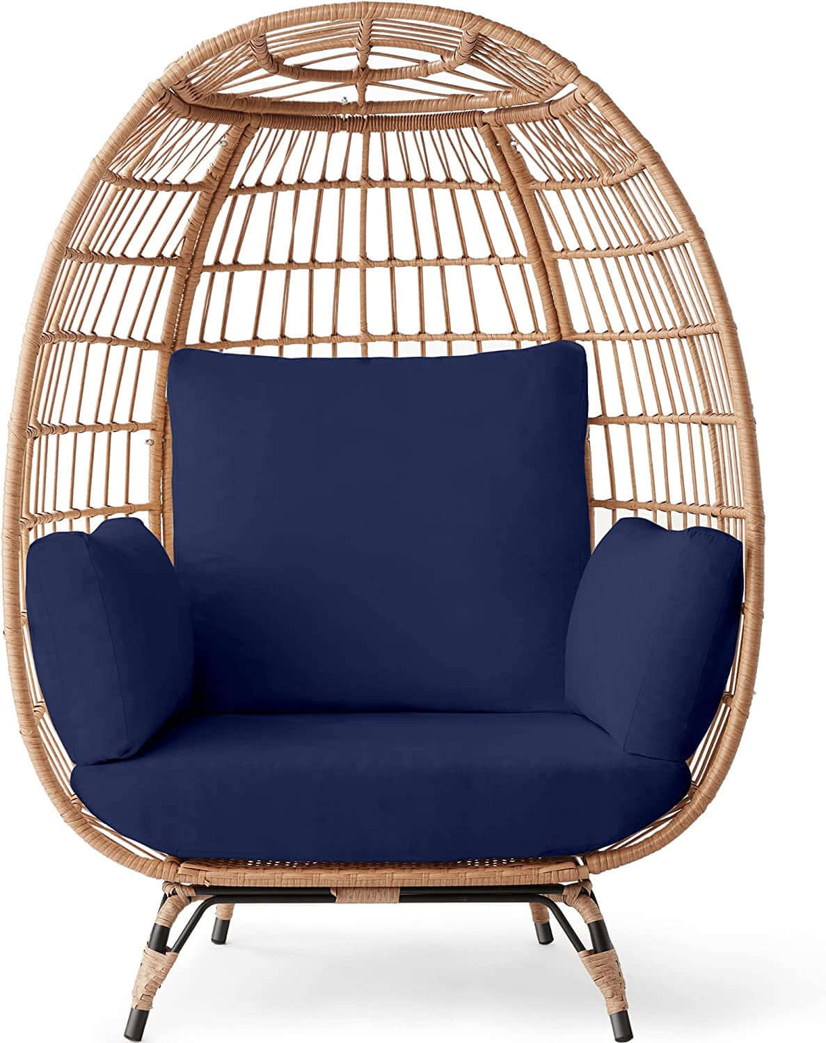 Wicker Egg Chair, Oversized Indoor Outdoor Lounger for Patio, Backyard, Living Room W/ 4 Cushions, Steel Frame, 440Lb Capacity - Navy