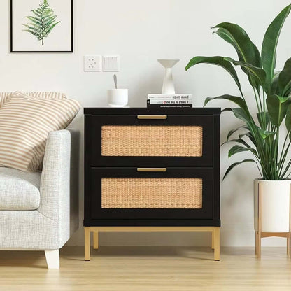 Rattan Nightstand,21.5" H Farmhouse Bedside Table with 2 Spacious Drawers Sofa Side Table 2 Drawer Nightstand for Bedroo