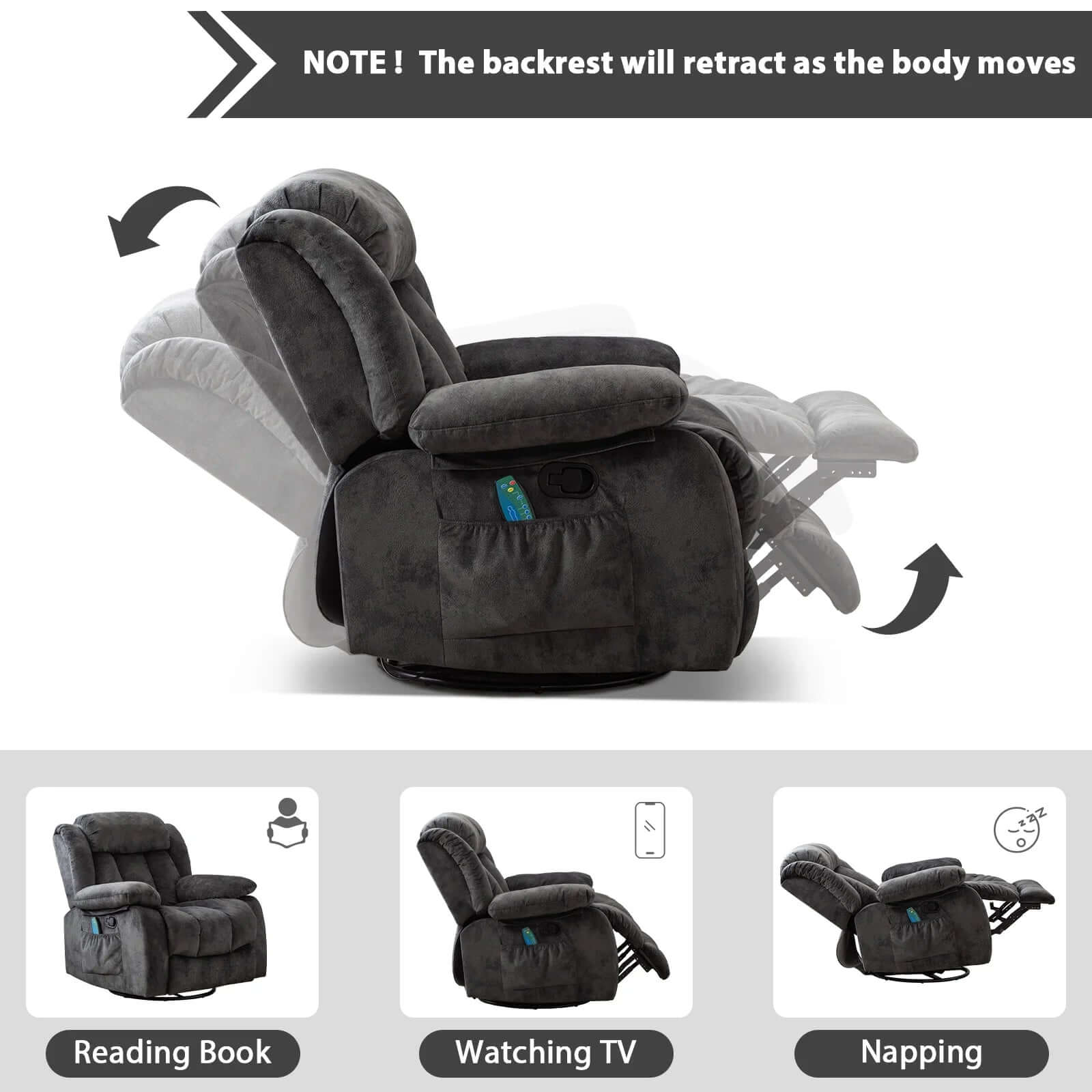 Pull Rocker Recliner with Massage and Heat, Reclining Chairs for Adult,Antiskid Fabric，Grey