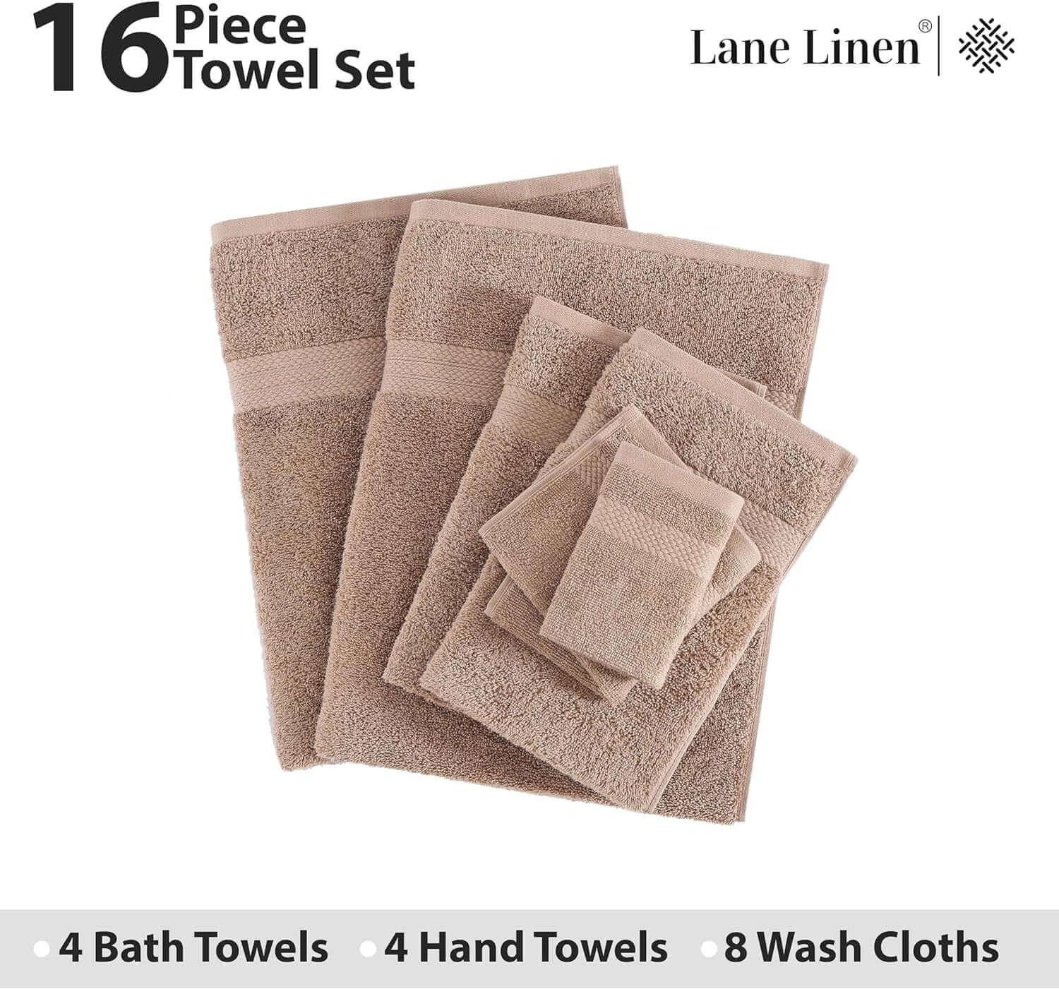 16 Piece Bath Towels - 100% Cotton Towels for Bathroom, Premium Quality, Highly Absorbent Bathroom Towel Set, Super Soft, 4 Bath Towels, 4 Hand Towels, 8 Wash Cloths - Taupe