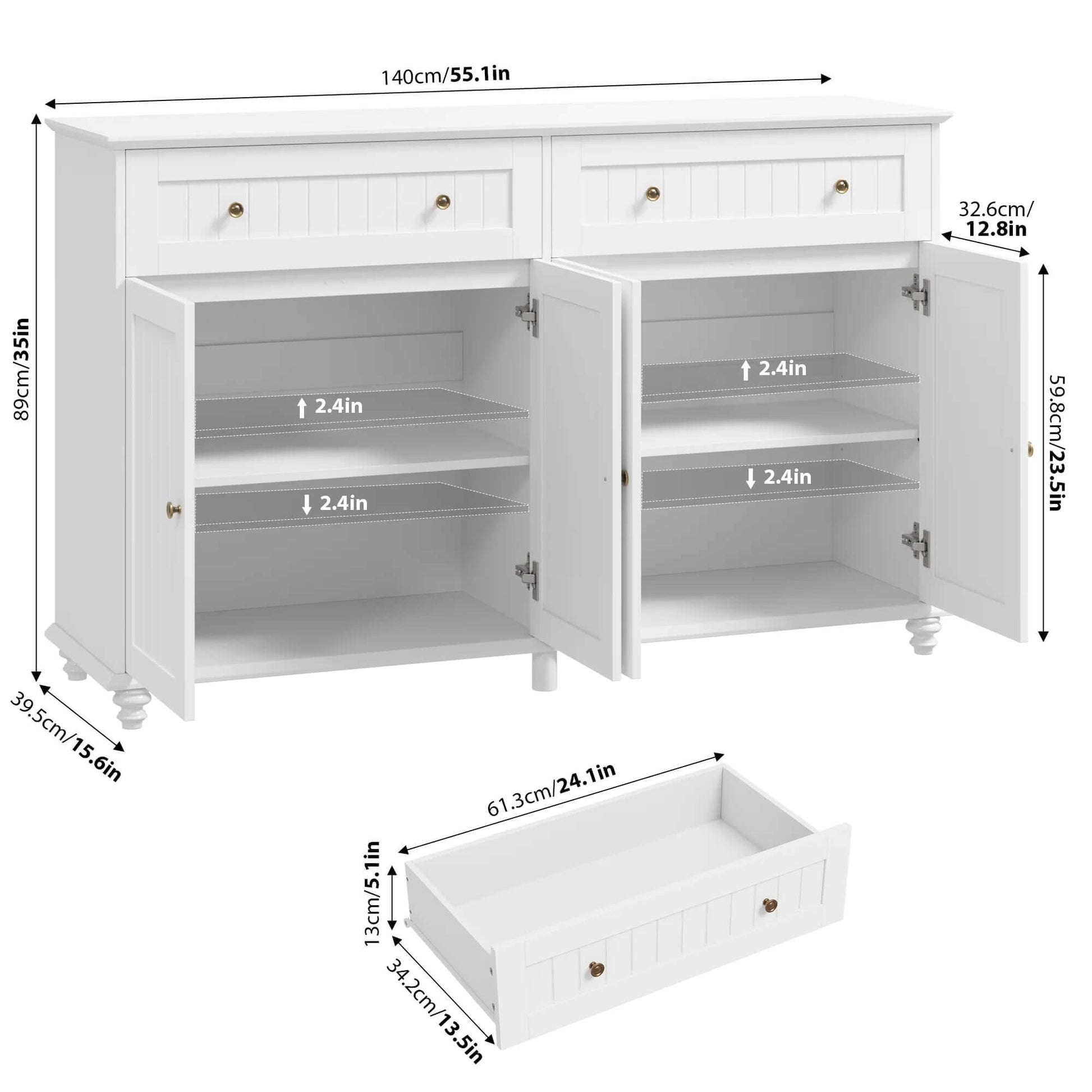 Kitchen White Buffet Cabinet with Adjustable Shelf, 4-Doors 2 Large Drawers Wood Sideboard Storage Cabinet Coffee Bar for Living Room