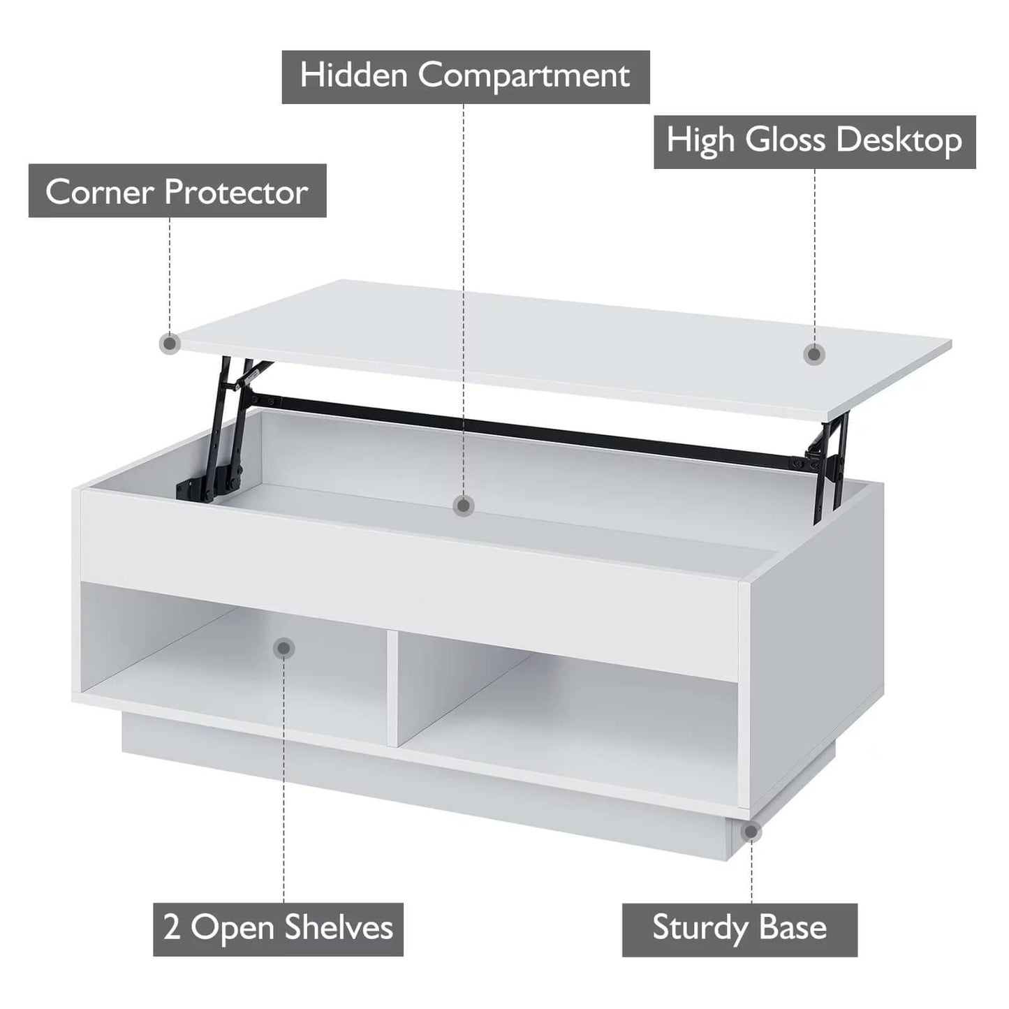 Lift Top Coffee Table with Hidden Compartment High Gloss White Coffee Tables LED Center Rising Cocktail Table for Living Room Accent Furniture