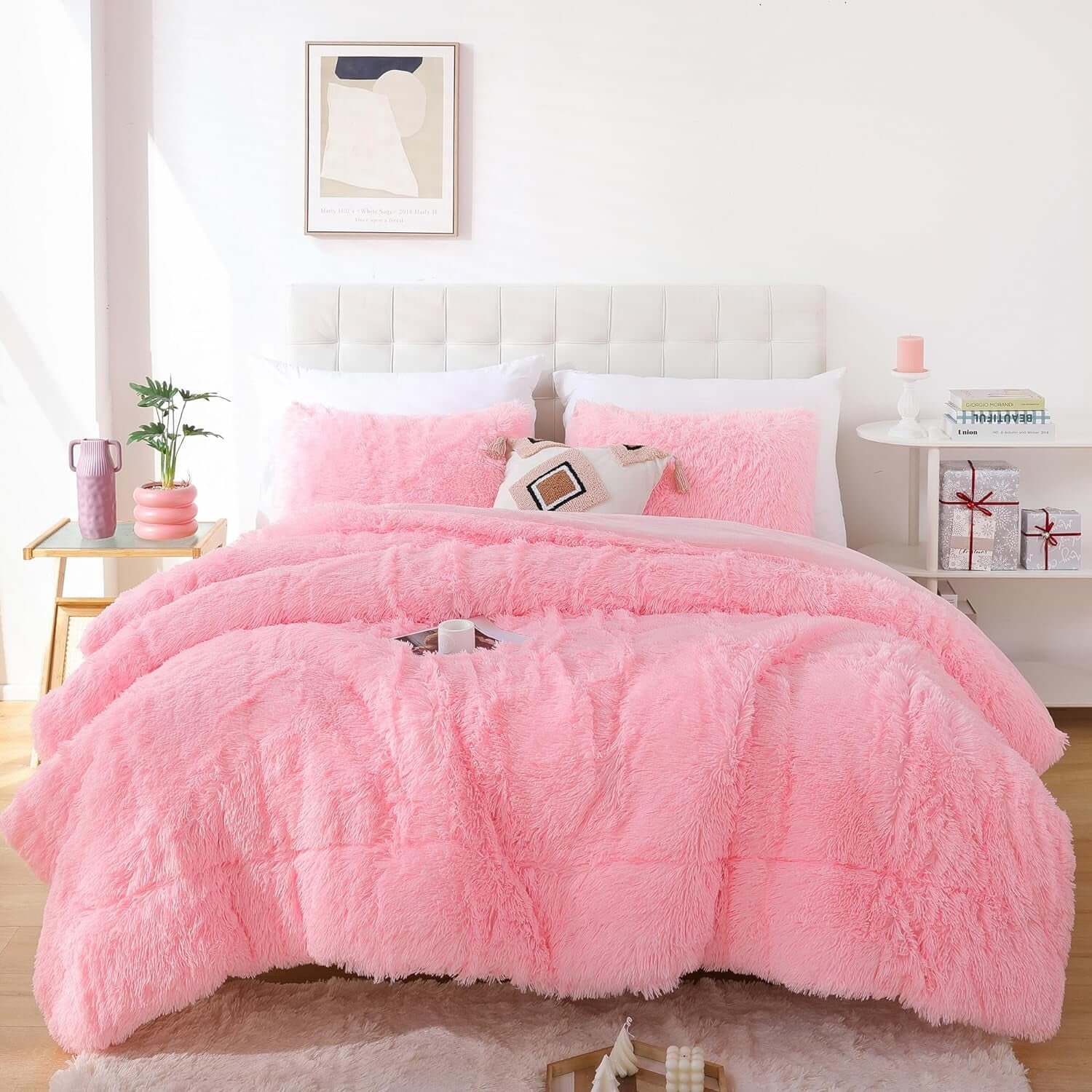 Faux Fur Pink Comforter Set Queen Size 3Pcs Fluffy Fuzzy Plush Comforter Set Cute Soft Shaggy Velvet Double-Sided Bedding Set (1 Faux Fur Comforter + 2 Faux Fur Pillowcases)