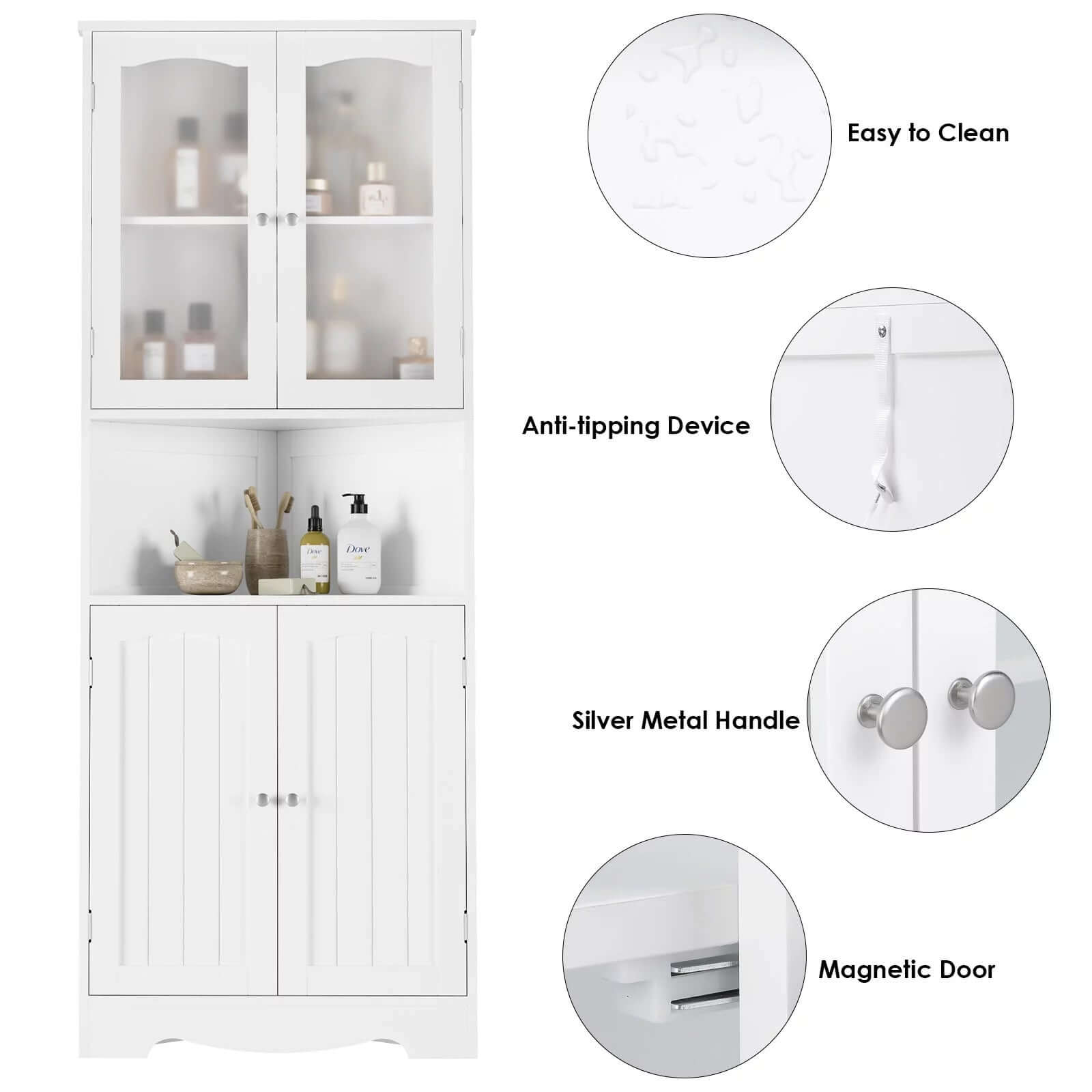 Corner Storage Cabinet, Wooden 4 Doors Linen Cabinet Cupboard for Bathroom, White