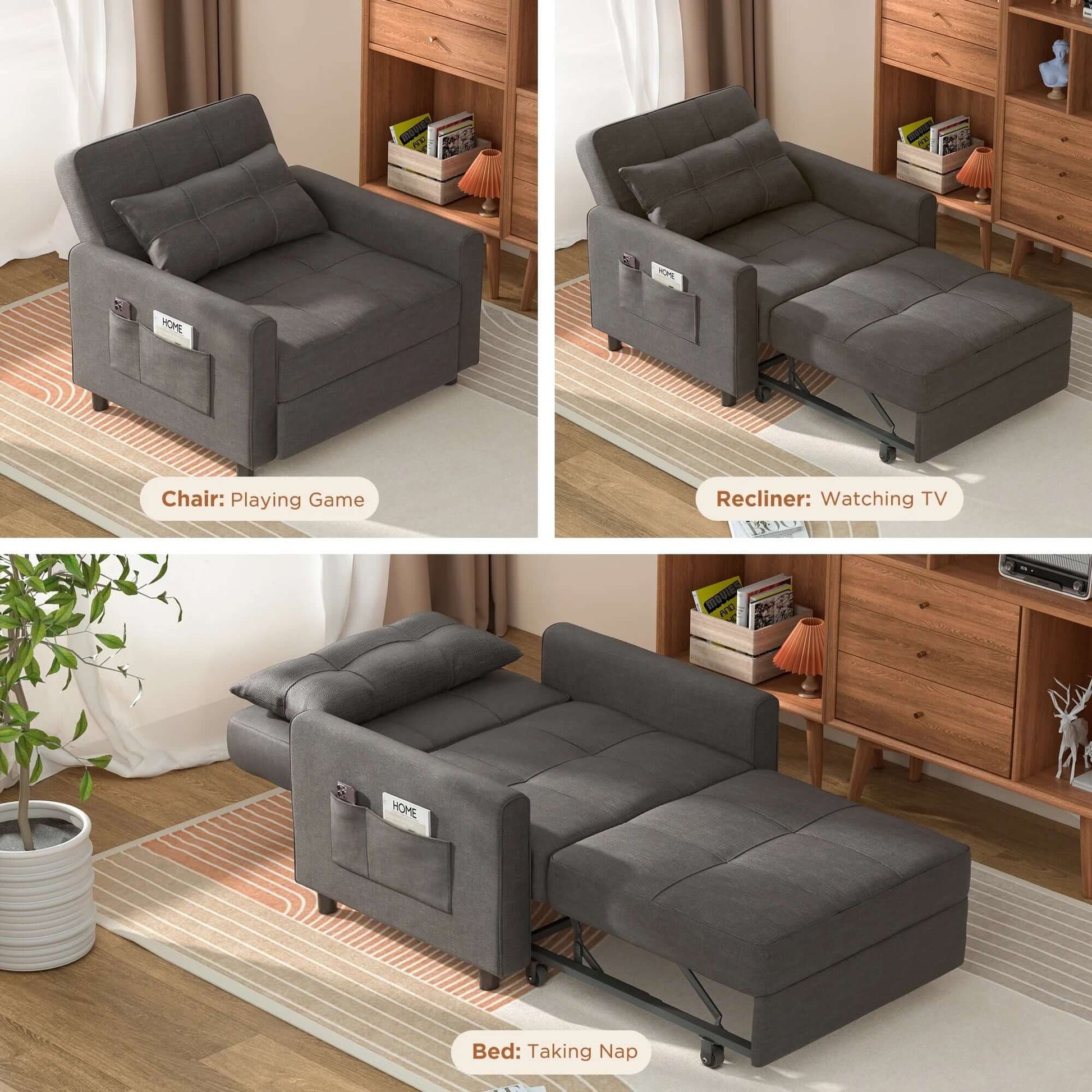 3 in 1 Convertible Sofa Bed Chair for Living Room , Sleeper Sofa Bed for Living Room , Dark Gray