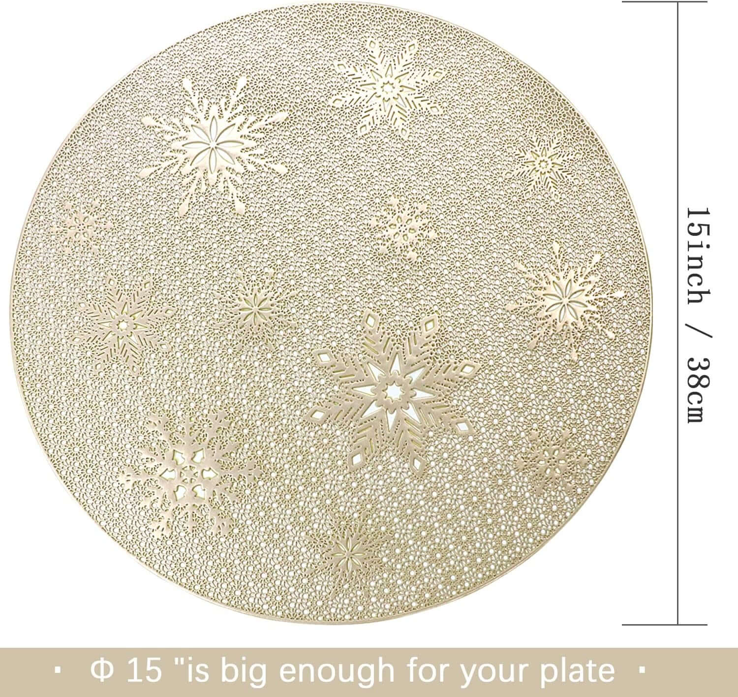 Round Gold Christmas Placemats Set of 4 for Dining Table Mats 15“ Wipeable Snowflake Placemats for Kitchen Table Plastic Soft PVC Place Mats Durable Heat Resistant Non-Slip Washable Table Mats