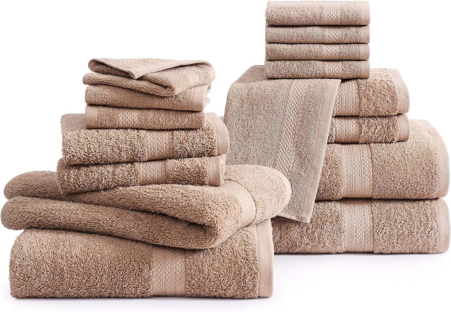 16 Piece Bath Towels - 100% Cotton Towels for Bathroom, Premium Quality, Highly Absorbent Bathroom Towel Set, Super Soft, 4 Bath Towels, 4 Hand Towels, 8 Wash Cloths - Taupe