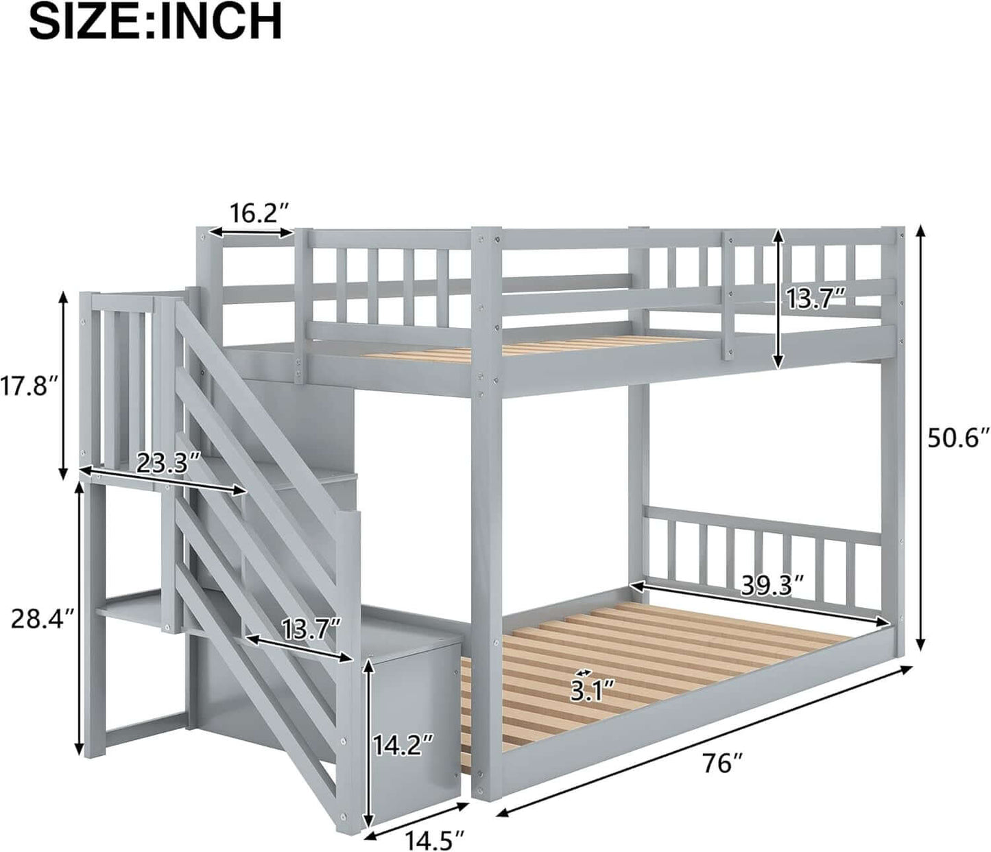 Low Bunk Beds Twin over Twin Size, Solid Wood Bunk Bed with Storage and Guardrail for Kids and Toddler