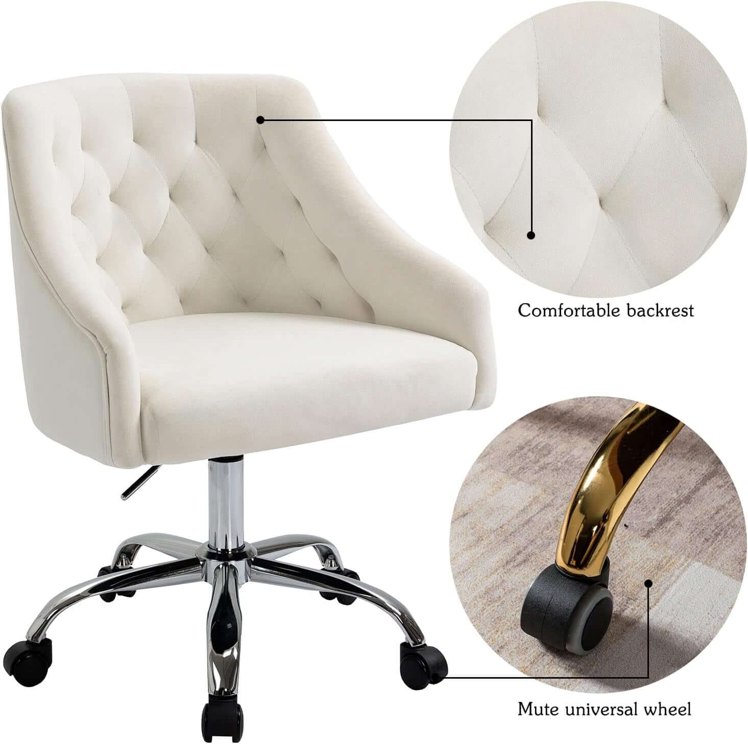 Home Office Desk Chair Modern Velvet Office Computer Chair Height Adjustable Mid-Back Task Chair (White)