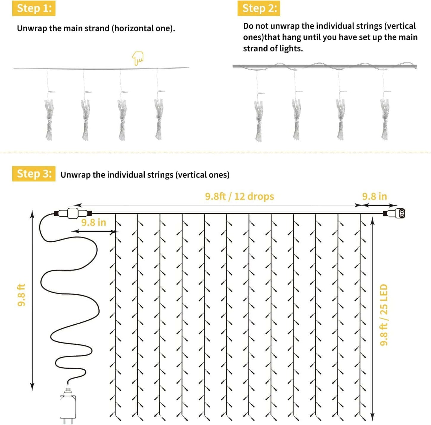 Hanging Window Curtain Lights 9.8 Feet Dimmable and Connectable with 300 Led, Remote, 8 Lighting Modes, Timer for Bedroom Wall Party Indoor Outdoor Decor, Warm White (Curtain Is Not Included)