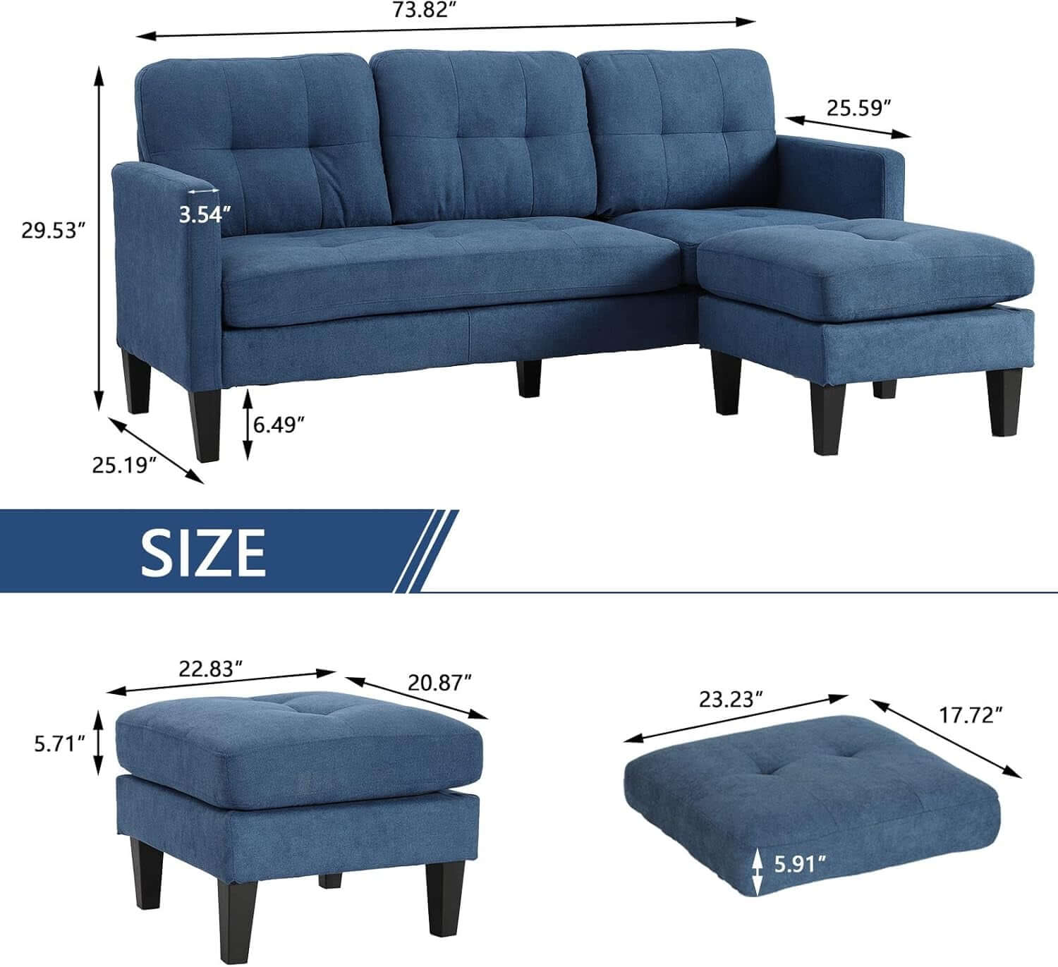 Convertible Sectional Sofa Couches for Living Room, L-Shaped Couch Modern Sofa Set with 3-Seat Couch and Reversible Chaise for Apartment and Small Space (Blue)