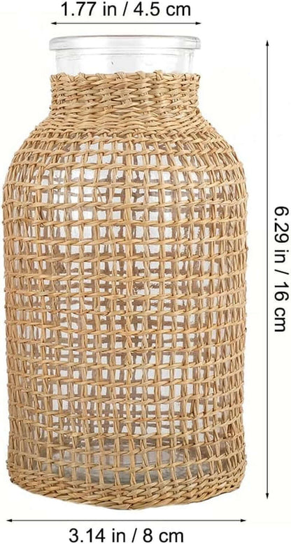 Boho Glass Flower Vase with Rattan Cover, Farmhouse Flower Bud Vase, round Decorative Flower Vase Floral Container Flower Bottle for Floral Arrangements Housewarming Party Home Decor（S）