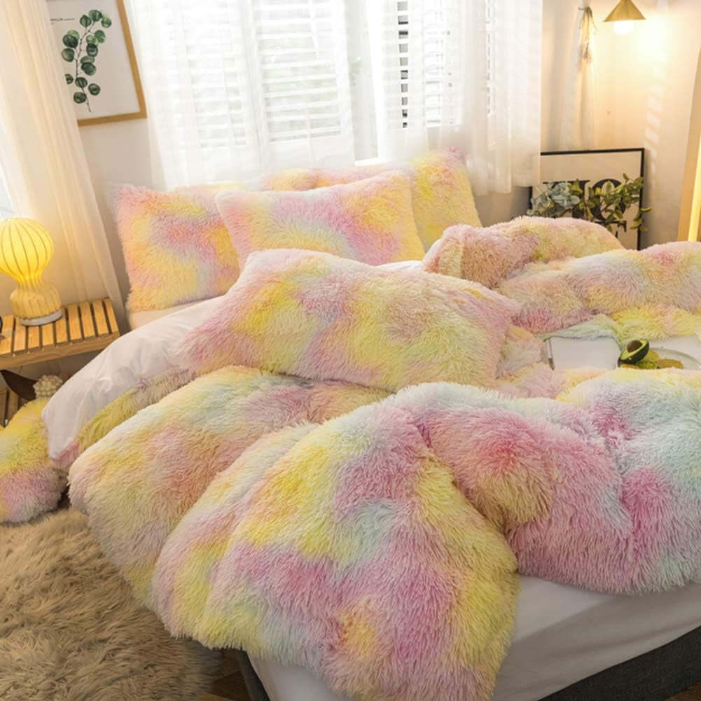 5 PCS Plush Shaggy Duvet Cover Sets, Luxury Shag Fluffy Comforter Cover Fuzzy Bedding Set - Long Faux Fur Flannel Ultra Soft Cozy (Ice Cream, Full/Queen)