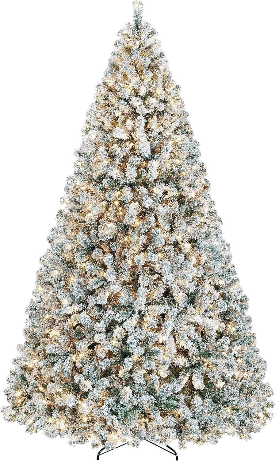 9Ft Pre-Lit Artificial Christmas Tree with Incandescent Warm White Lights, Snow Flocked Full Prelighted Xmas Tree with 2084 Branch Tips, 900 Incandescent Lights & Foldable Stand, White