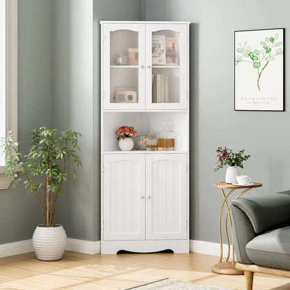 Corner Storage Cabinet, Wooden 4 Doors Linen Cabinet Cupboard for Bathroom, White