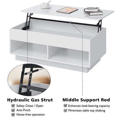 Lift Top Coffee Table with Hidden Compartment High Gloss White Coffee Tables LED Center Rising Cocktail Table for Living Room Accent Furniture