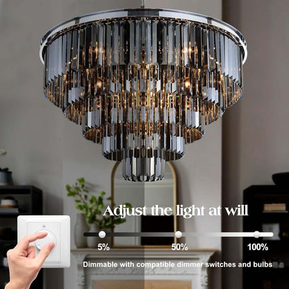 16Lights Smoke Crystal Chandelier Modern Chandeliers Lighting Pendant Ceiling Light Fixture 5-Tier for Dining Room Living Room Bedroom, Chrome Finished W31.5''