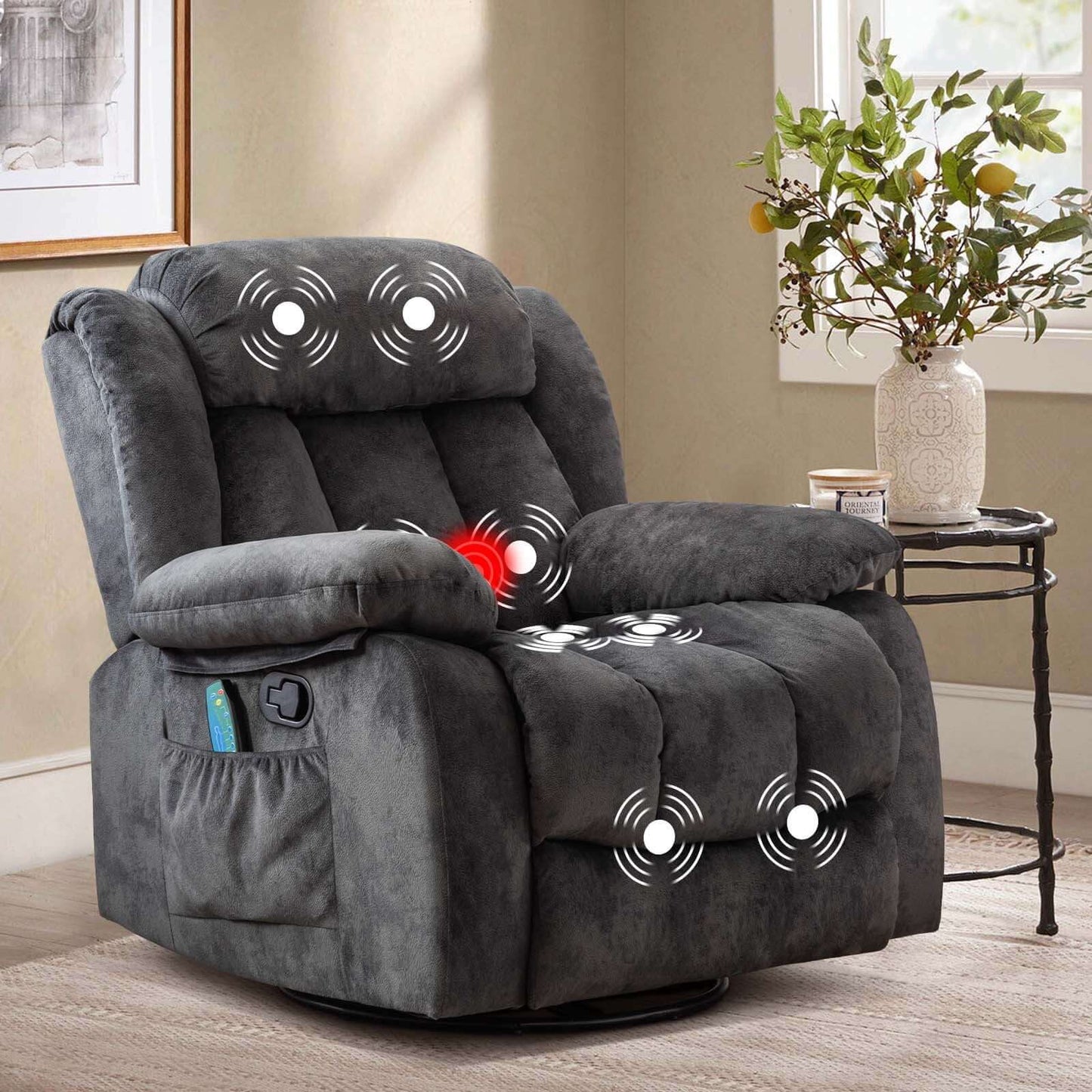 Pull Rocker Recliner with Massage and Heat, Reclining Chairs for Adult,Antiskid Fabric，Grey