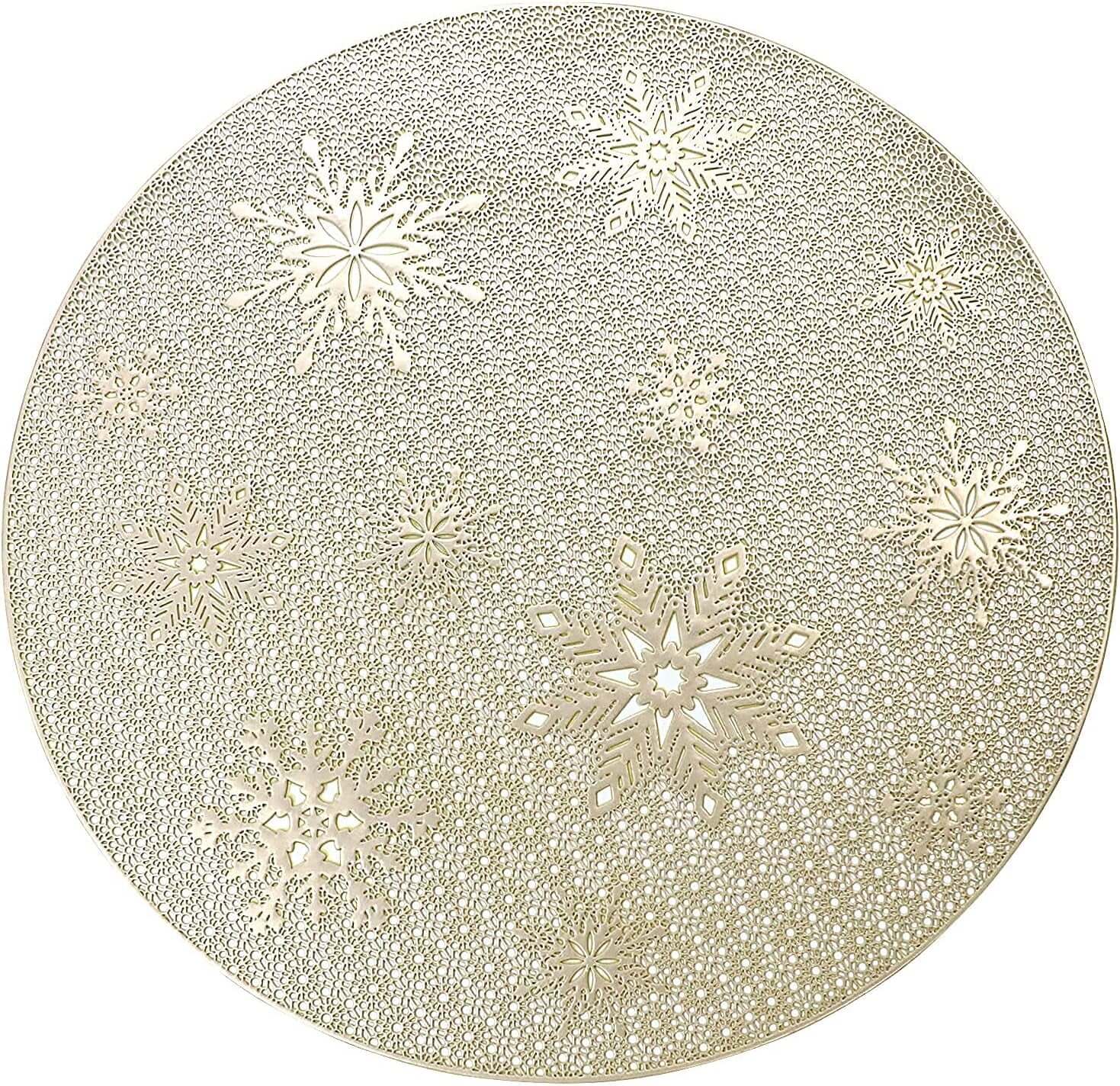 Round Gold Christmas Placemats Set of 4 for Dining Table Mats 15“ Wipeable Snowflake Placemats for Kitchen Table Plastic Soft PVC Place Mats Durable Heat Resistant Non-Slip Washable Table Mats