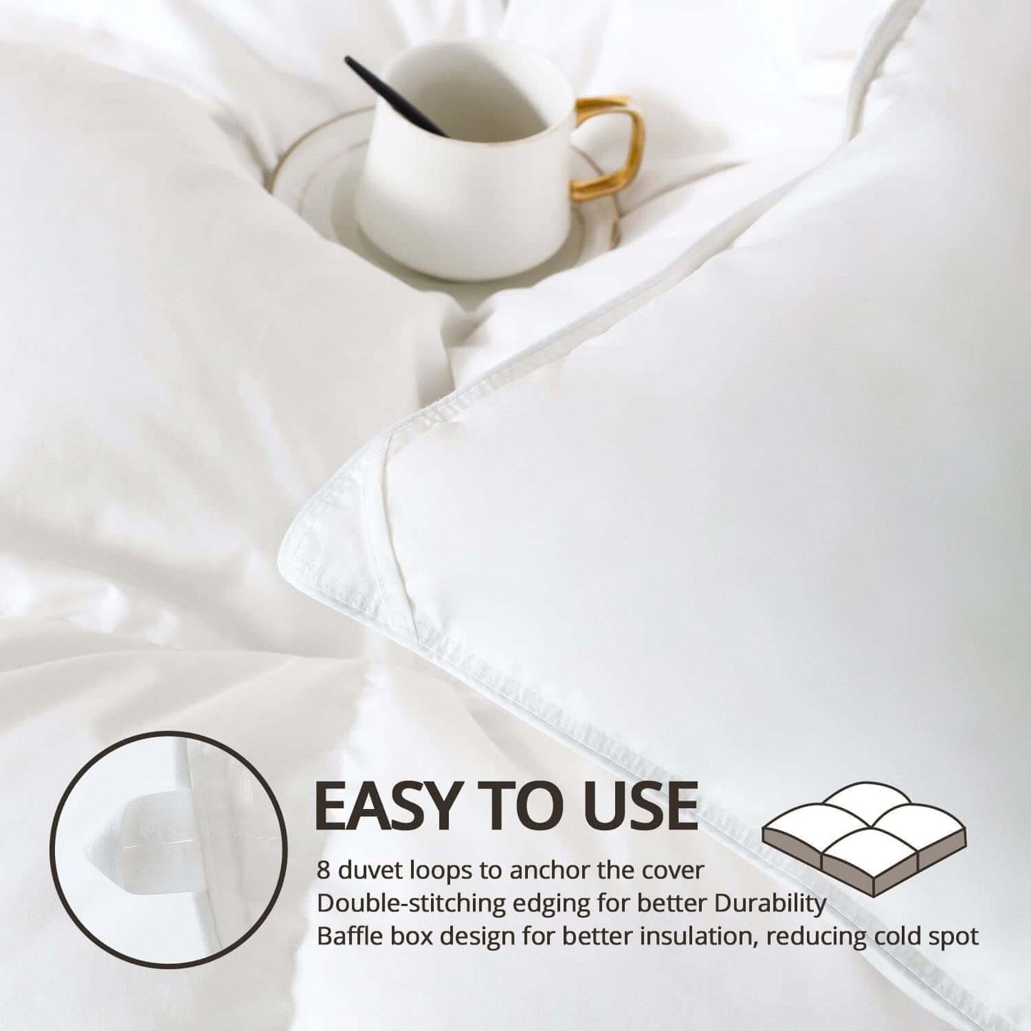 Fluffy down Comforter King Size，Medium Warmth Duvet Insert for All Season,Ultra-Soft Cotton Shell,680 Fill Power,With Corner Tabs, White