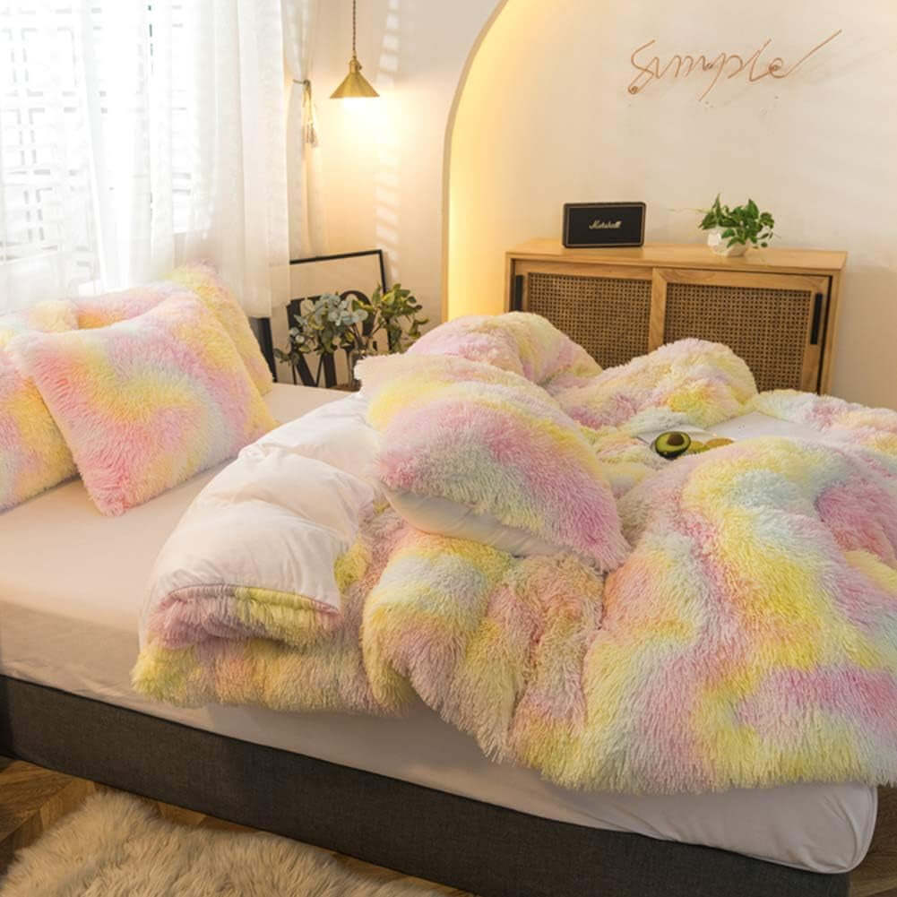 5 PCS Plush Shaggy Duvet Cover Sets, Luxury Shag Fluffy Comforter Cover Fuzzy Bedding Set - Long Faux Fur Flannel Ultra Soft Cozy (Ice Cream, Full/Queen)