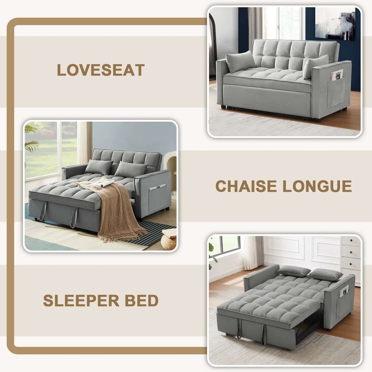 Loveseat Convertible Sleeper Sofa Bed, Gray