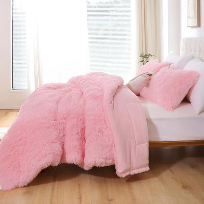 Faux Fur Pink Comforter Set Queen Size 3Pcs Fluffy Fuzzy Plush Comforter Set Cute Soft Shaggy Velvet Double-Sided Bedding Set (1 Faux Fur Comforter + 2 Faux Fur Pillowcases)