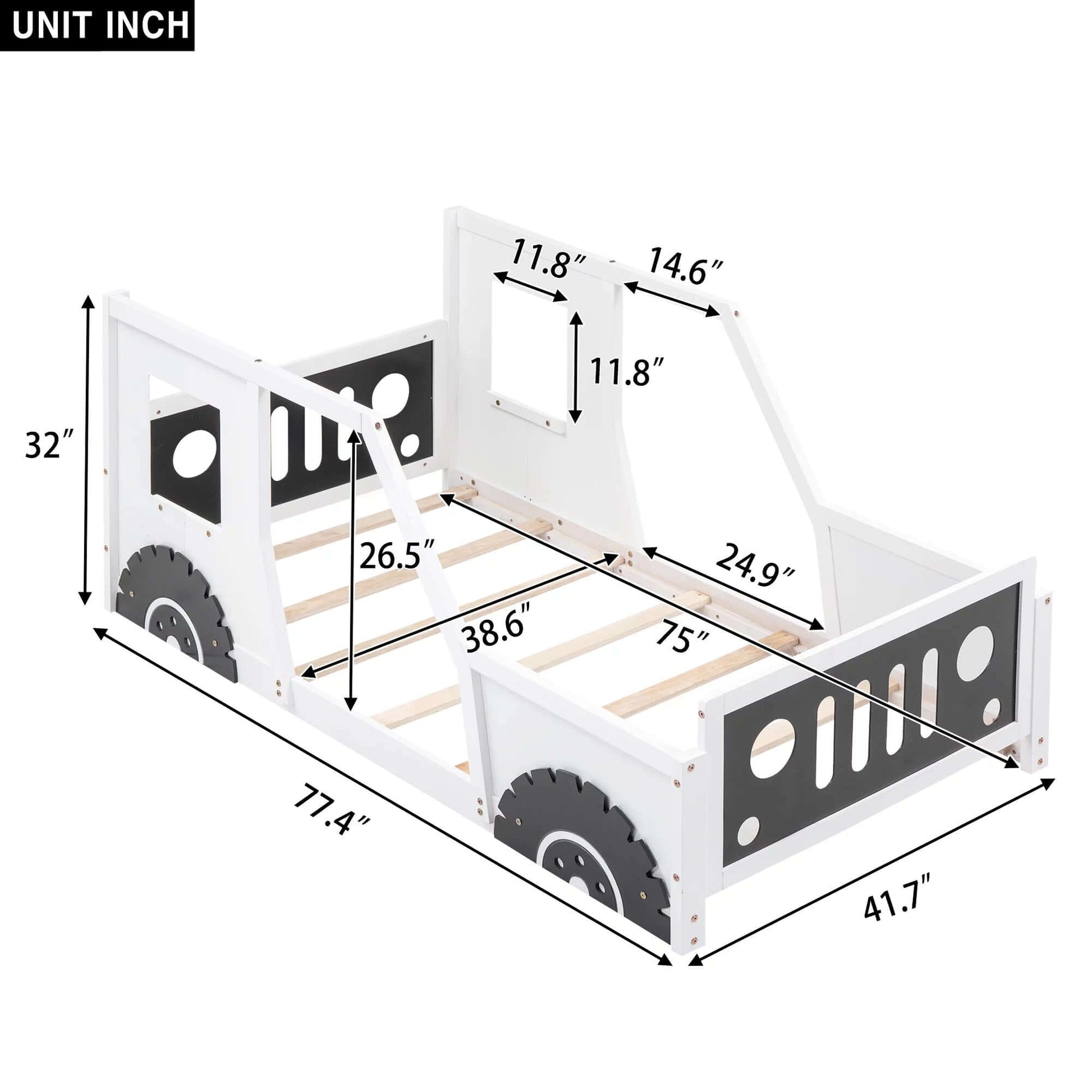 Car-Shaped Twin Size Platform Bed for Kids’ Bedroom, Solid Car Bed for Gift,Low Profile,White