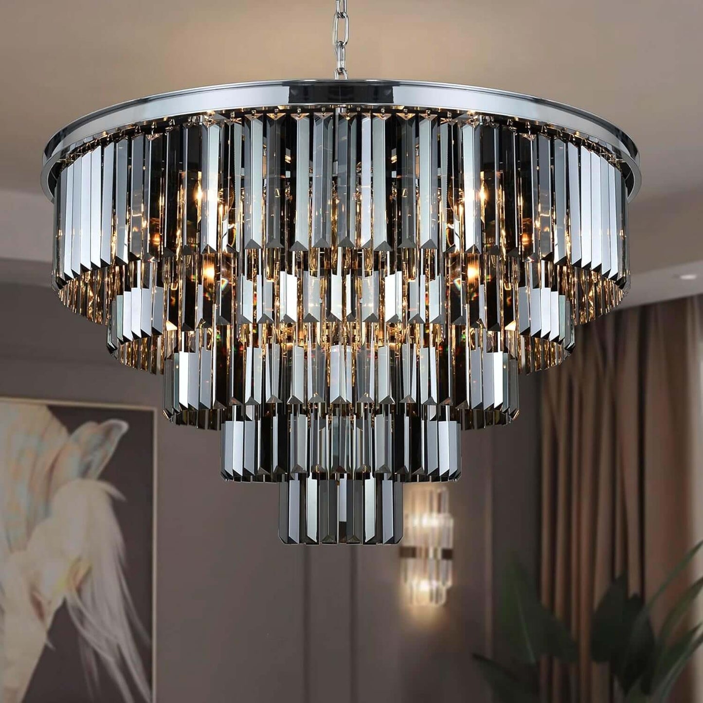 16Lights Smoke Crystal Chandelier Modern Chandeliers Lighting Pendant Ceiling Light Fixture 5-Tier for Dining Room Living Room Bedroom, Chrome Finished W31.5''