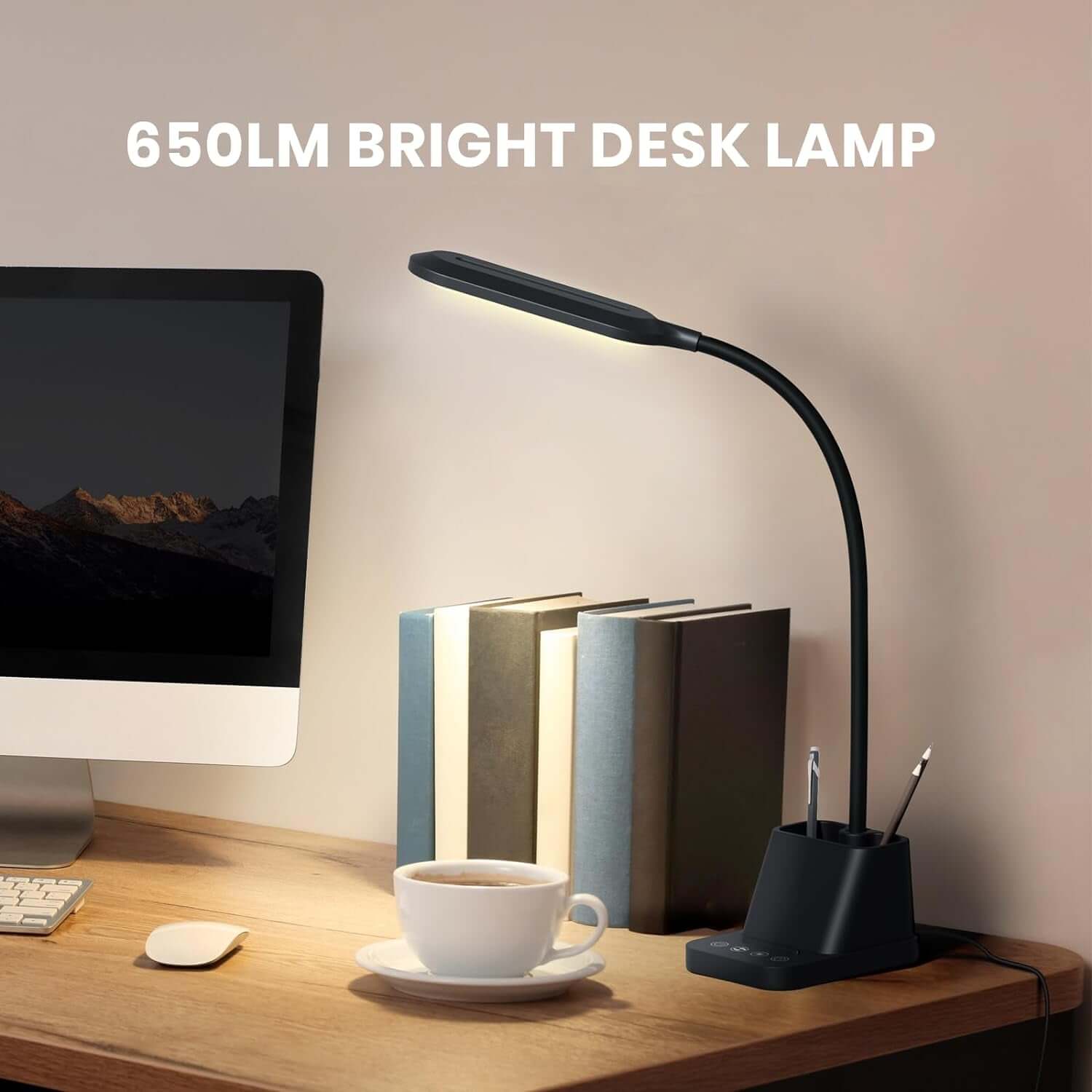 LED Desk Lamp for Home Office, Small Desk Light for Bedrooms, Black Office Lamp for Small Spaces, USB Charging Port, 650LM, Gooseneck, Pen Holder, Study Lamps for College Dorm Room