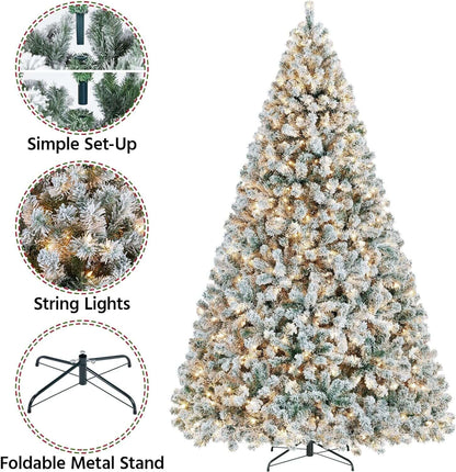 9Ft Pre-Lit Artificial Christmas Tree with Incandescent Warm White Lights, Snow Flocked Full Prelighted Xmas Tree with 2084 Branch Tips, 900 Incandescent Lights & Foldable Stand, White