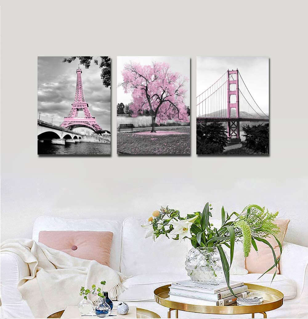 Wall Art for Bedroom Pink Tree Paris Eiffel Tower Golden Gate Bridge Romantic Black and White City Poster Bathroom Pictures Prints on Canvas for Living Room Decor