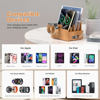 Bamboo Charging Station Rack, Wooden Dock Stand for Cell Phones, Tablets, Smart Watch and Earpod, Multi Charge Organizer Stand, Include Wire Cables