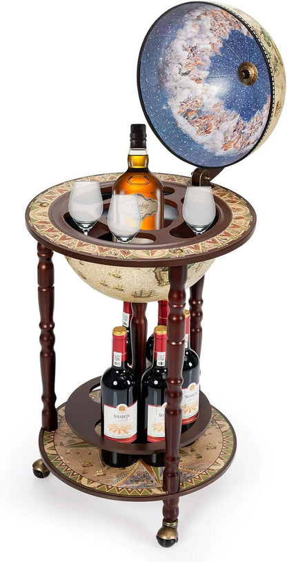 Globe Bar, 17.5” Globe Bar Liquor Cabinet with Wheels, Bottom Shelf, Old World Map, 16Th Century Italian Replica Bar Globe, Retro Wine Stand, Globe Bar Cart for Dining Room Living Room Home