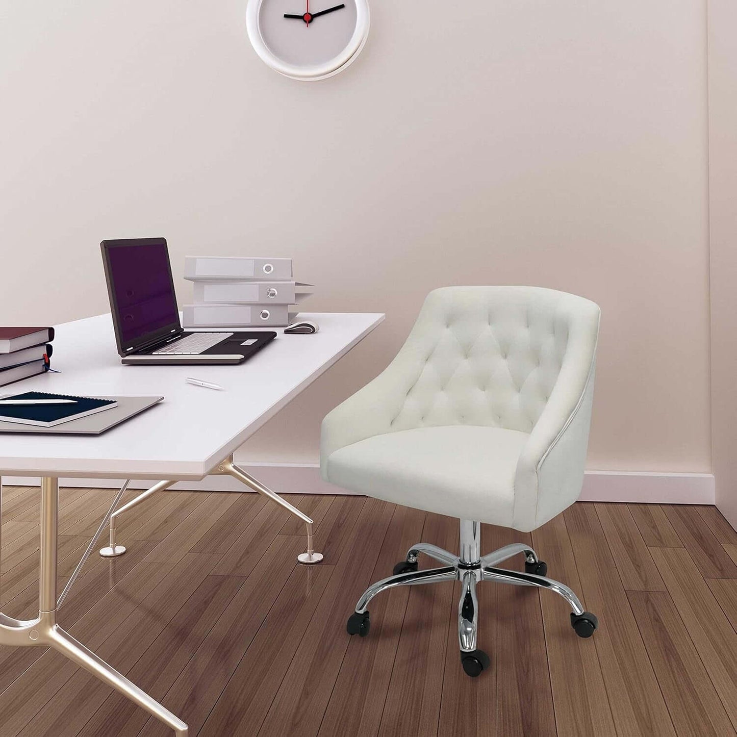 Home Office Desk Chair Modern Velvet Office Computer Chair Height Adjustable Mid-Back Task Chair (White)