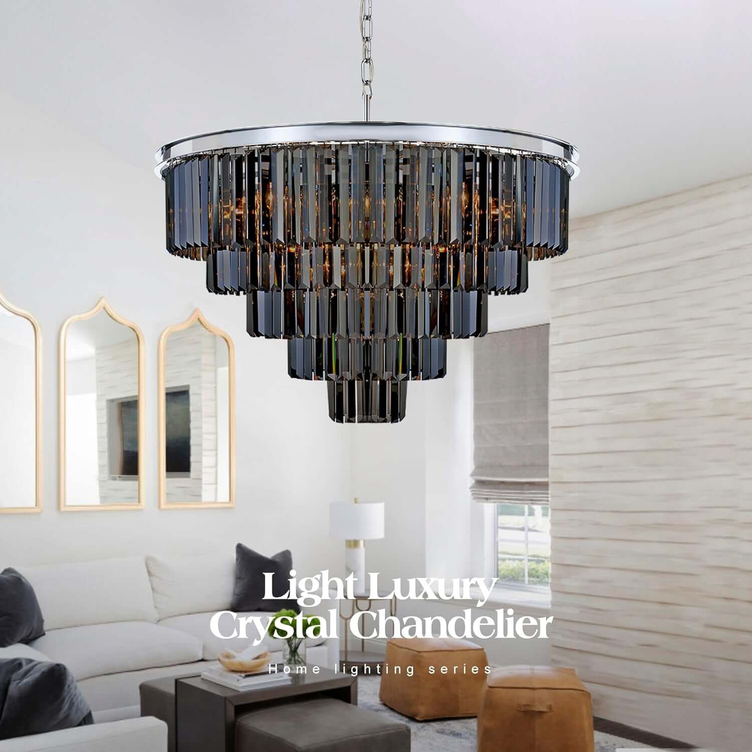 16Lights Smoke Crystal Chandelier Modern Chandeliers Lighting Pendant Ceiling Light Fixture 5-Tier for Dining Room Living Room Bedroom, Chrome Finished W31.5''