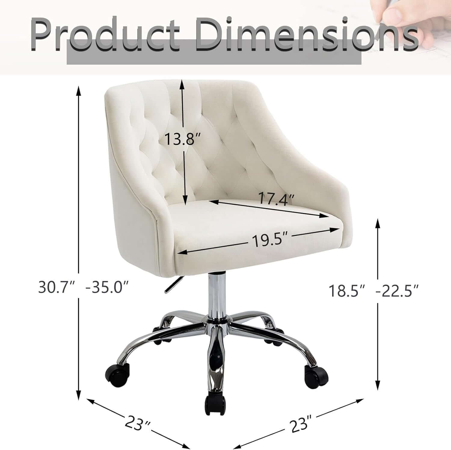 Home Office Desk Chair Modern Velvet Office Computer Chair Height Adjustable Mid-Back Task Chair (White)