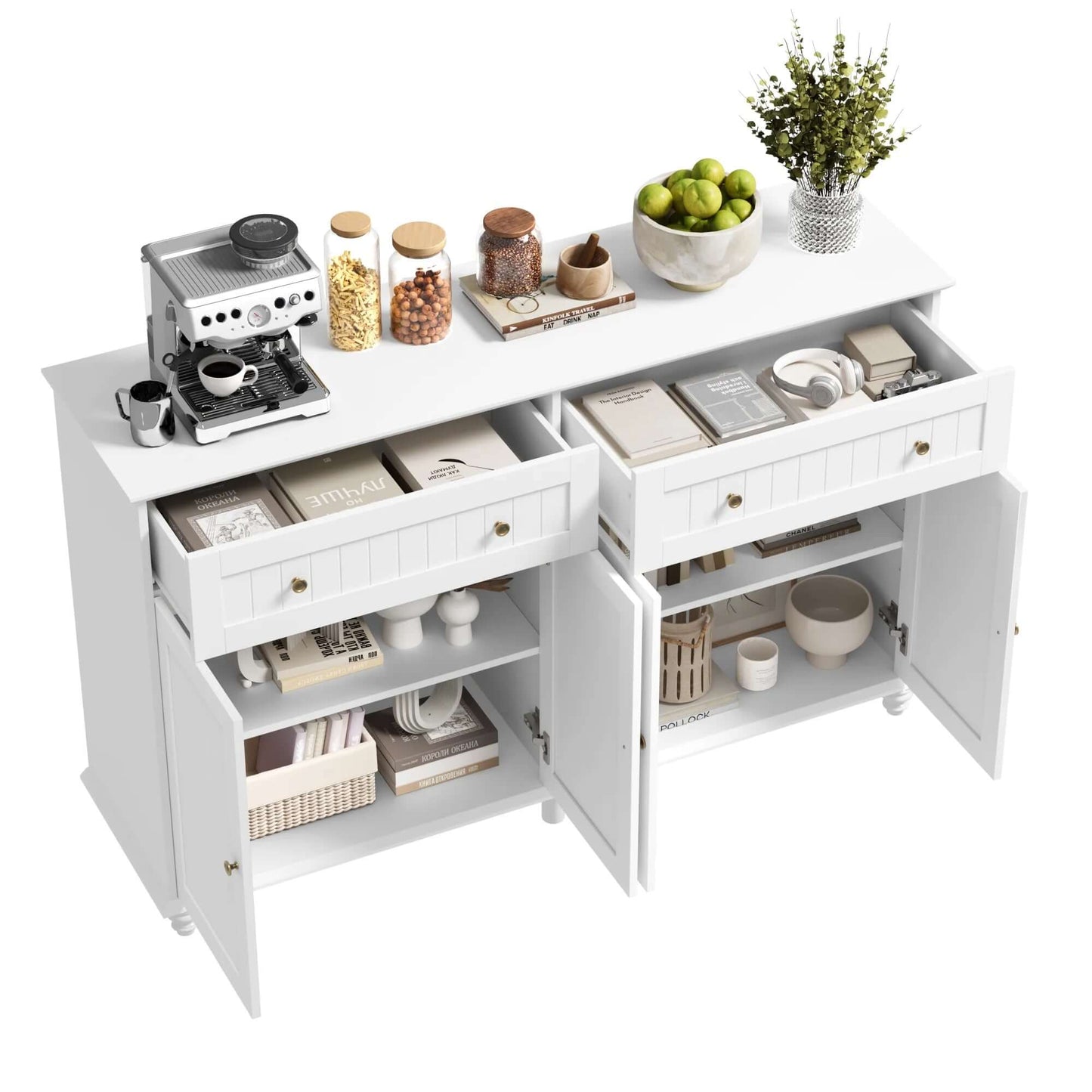 Kitchen White Buffet Cabinet with Adjustable Shelf, 4-Doors 2 Large Drawers Wood Sideboard Storage Cabinet Coffee Bar for Living Room