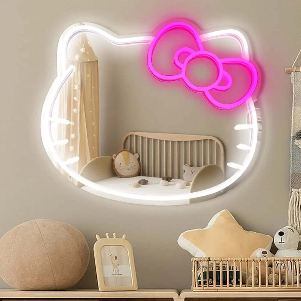 Hello Kitty Mirror Neon Sign for Wall Decor Cute Mirror Neon Sign for Bedroom Living Room Game Room Gifts for Girls Girlfriend